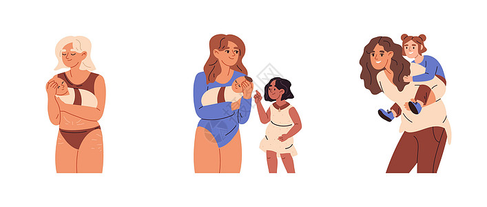 母亲和女儿设置 妈妈和女儿的团结 不同年龄段的孩子与快乐的母亲一起感受爱 母亲的护理理念 平面矢量插图图片
