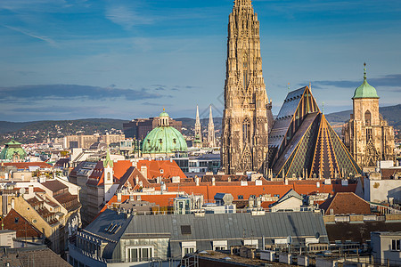 维也纳城市风景全景与奥地利上方大教堂之景首都景观观点看法日落地方摄影天空房子历史图片
