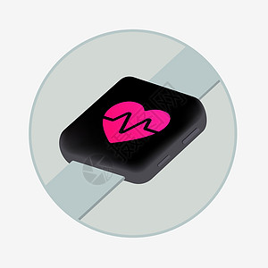 屏幕上带有粉红色心形图标的智能手表 心率变异性 医疗保健圆形矢量图标 记录脉搏和压力的智能手表健身追踪器图片