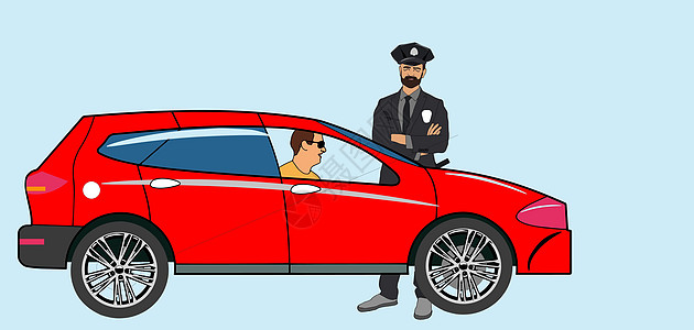 欧洲交警在城市道路上拦下一辆红色汽车 不要与警察争吵或表现出激怒或好战的行为 大喊大叫愤怒的男司机 平面插图模板图片