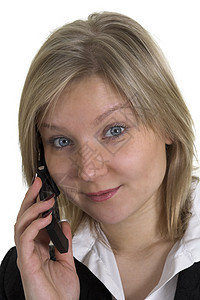 商业妇女在移动电话上说话的情况女士工作女性细胞外表眼睛女孩助手全球金发女郎背景图片