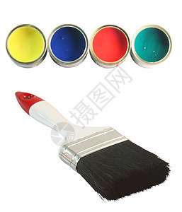 油漆和刷画硬件工具工作蓝色刷子罐头画家黄色画笔装潢图片