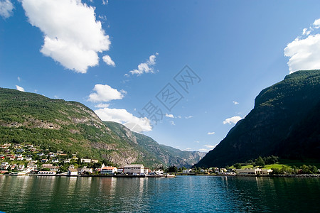 Fjord的山村力量房子海洋游客渠道风景建筑吸引力运河卡片图片