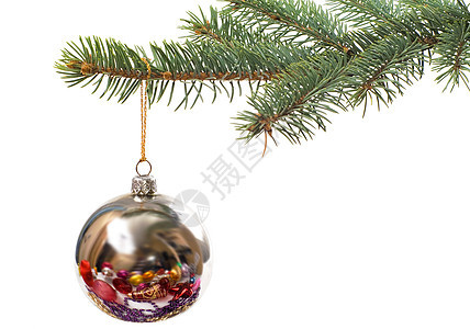 圣诞玻璃球反射装饰品锥体玩具传统边界金子绿色松树假期背景图片