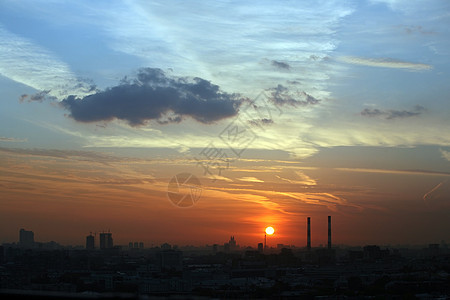 城中日落太阳建筑物红色海洋地平线天际城市风景支撑黄色背景图片