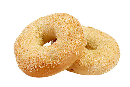 两个两百吉饼环形圆形戒指面包棕色糕点早餐营养白色食物图片