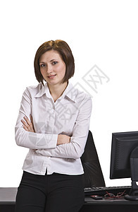 商业女商务人士的肖像领班桌子双臂领导者经理职场管理人员微笑女性办公室图片