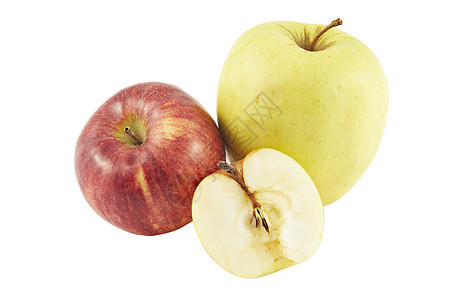 红黄和黄色苹果 还有半个苹果 孤立在图片
