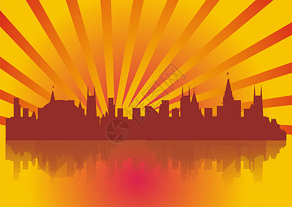 太阳升起 日落的光束中景观城市橙子气候街道射线生活反射场景商业图片