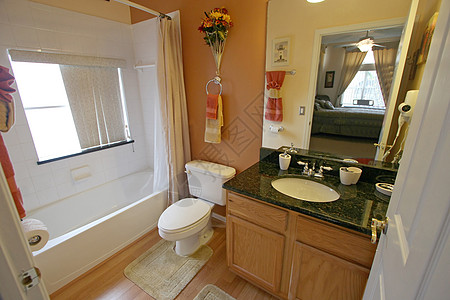 洗手间镜子淋浴窗帘房子奢华合金毛巾浴缸房间建筑学背景图片