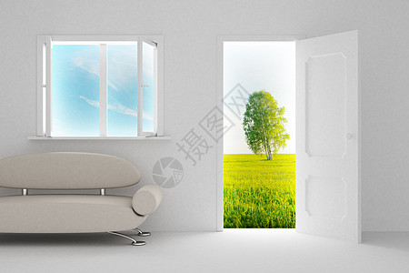 开着门窗后风景 3D 图像自由沙发入口想像力房间插图公寓桦木家具愿望图片