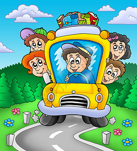 公路校车男生插图女孩孩子们艺术品运输公共汽车旅行汽车学校图片