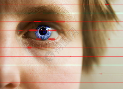 视窗扫描鉴别女孩激光高科技代码眼睛瞳孔危险电脑蓝色背景图片