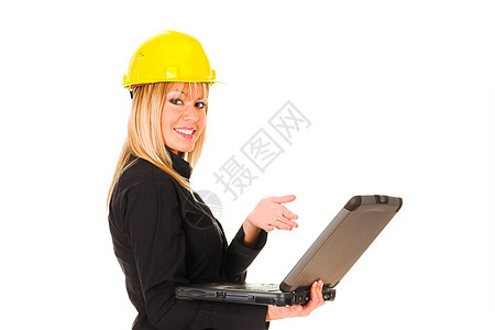 带笔记本的女商务人士成功商业经济技术化妆品承包商工程工程师金发头盔图片