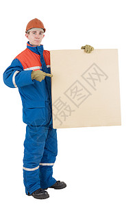 带盒子的劳工海报男人安全红色工作头盔蓝色劳动者展示男性背景图片