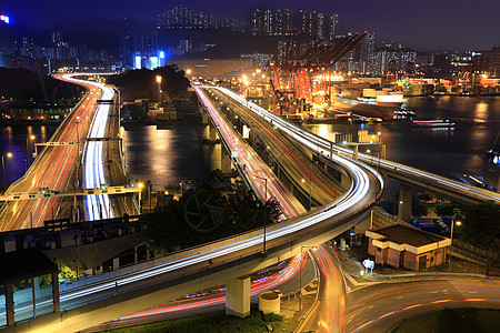 中国香港的货运码头和高速港公路商品商业加载世界贸易城市港口全景重量运输图片