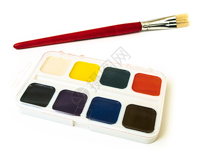 彩色画笔刷子和清水彩色色调棕色红色塑料成套画笔水彩染料绿色黄色背景