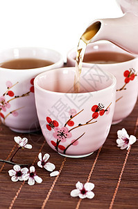 泡绿色茶制品花朵喷口酿造餐垫茶壶饮料杯子茶杯茶碗图片