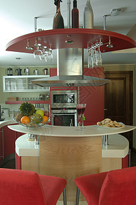 红色现代厨房家具微波木头咖啡壶房间地面艺术用餐眼镜设计师图片