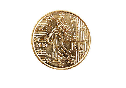 欧元硬币宏货币银行金融储蓄银行业黄铜金属现金白色背景图片