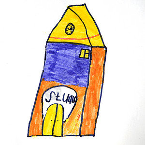 儿童照片 有黄色屋顶的房子 白种背景教育插图蜡笔艺术绘画学习纹饰草图孩子童年背景图片