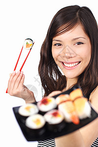 寿司妇女餐厅头发女孩食物喜悦筷子工作室女士美食白色图片