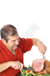 将白色上隔离的火腿垂直切成碎片感恩猪肉菠萝假期午餐父亲厨师食物蜂蜜营养图片