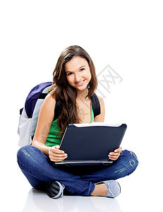 快乐的女学生笔记本黑发背包学生教育女士娱乐幸福地面学习图片