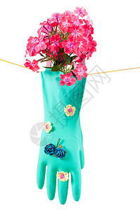 带有手套的概念照片植物风格花朵粉色紫色绿色花瓶花束植物群植物学图片