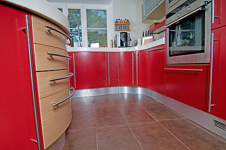 红色现代现代厨房橱柜房子花岗岩微波冰箱陶瓷用餐装饰地面烤箱图片
