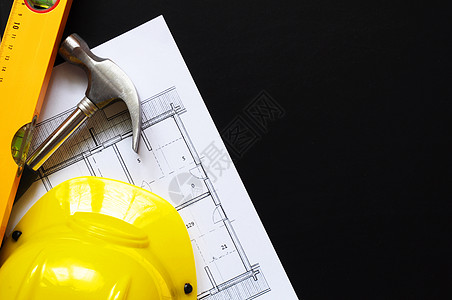 房地产概念就业承包商工人头盔装修建设者木头房子锤子工作图片