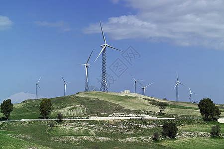 伊塔利 西西里 弗朗科丰特卡塔尼亚省 农村 叶子能源涡轮机生态技术电机环境涡轮气氛翅膀蓝色旋转螺旋桨图片