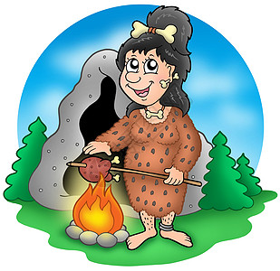 山洞前史前女人的卡通图片