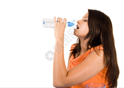 妇女饮用水蓝色镜子桌子棕色护理享受瓶子橙子女性身体图片