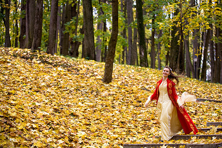 秋天森林中的淑女头发戏服皇家树林女士传奇公主黄色裙子树叶图片