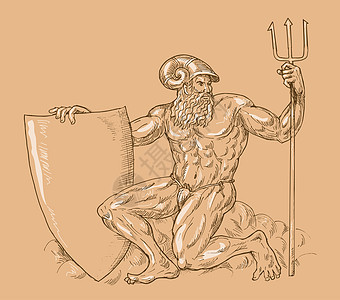 罗马神海王星或有三叉戟和盾牌的甲状腺草图男人海王星绘画海卫泰坦肌肉男性神话人鱼图片