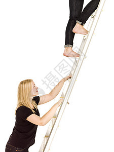 妇女攀登阶梯影棚职业商务人士专业生长两个人动机赤脚成人背景图片
