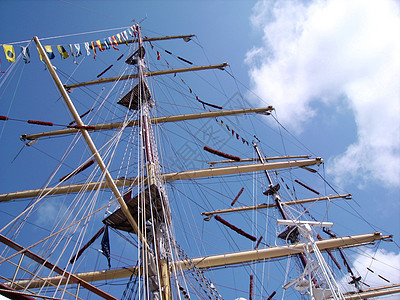 一艘旧帆船顶高高 装有操纵装置和旗帜拉线梯子血管齿轮绳索用品航海桅杆高度随身背景图片