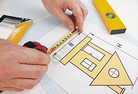 使用建筑工具在家用绘图建造测量建筑学房子工具建筑工作仪表磁带办公室图片