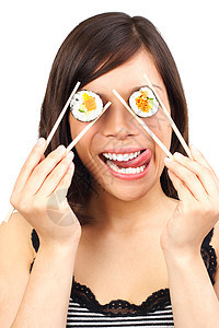 饮食健康概念舌头餐厅午餐乐趣女性筷子食物喜悦女士美丽图片