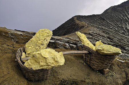 堆满篮子的硫磺核块冒险地理矿物质火山矿物学沉积水晶宏观材料矿石图片