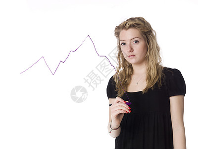 伤心拥抱女孩做一个图表白色阴谋女士写作经济紫色金发环境经济衰退背景
