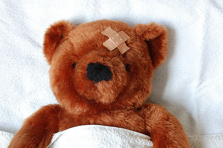 伤心拥抱床上受伤的生病泰迪发烧手术磁带事故悲伤药品治疗医院病人护士背景