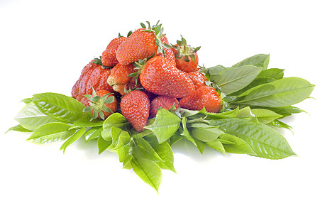 草莓1橙子覆盆子甜点白色红色食物饮食绿色背景图片