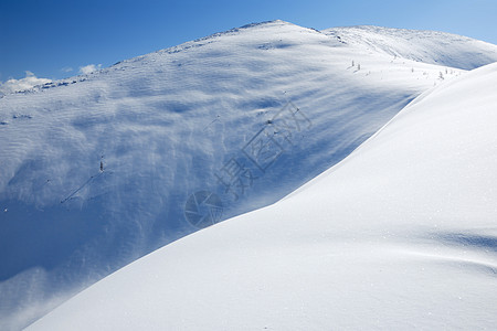 山中的雪花旅行气候晴天滑雪树木雪崩顶峰天空蓝色运动背景图片