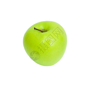 一个成熟的绿苹果 白纸水果果汁宏观保健卫生食物团体小吃花园水滴图片