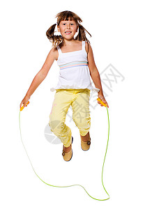 女孩跳跃锻炼快乐幸福马尾辫童年绳索运动活动孩子行动图片