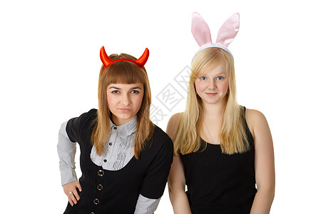 两个朋友在节日服装 魔鬼和兔子的朋友图片