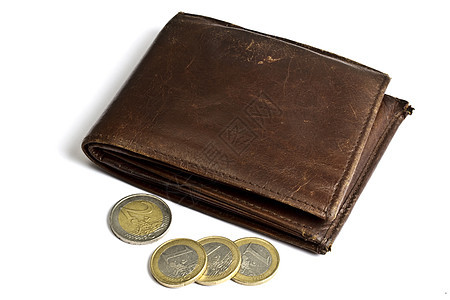 棕色钱包 硬币在白纸上隔离剪裁口袋金属债务商业白色皮革金融货币财富图片