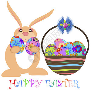 复活节兔子携带鸡蛋和篮子图片